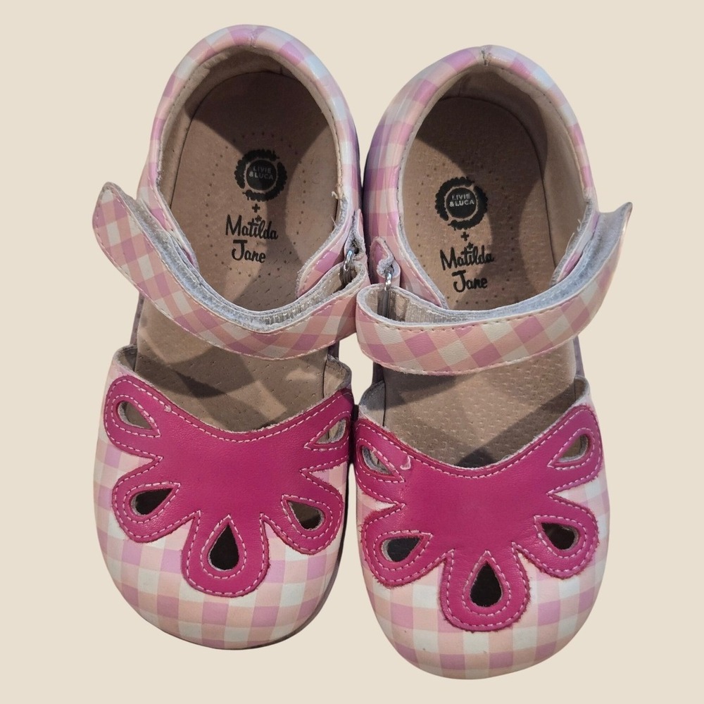 Livie & Luca Matilda Jane Gingham Floral Mary Jane Shoes Pink White Kids Size 12